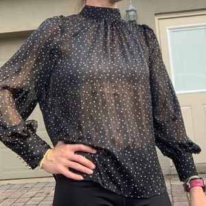 H&M Sheer Black with White Dots Long Sleeve Romantic Top